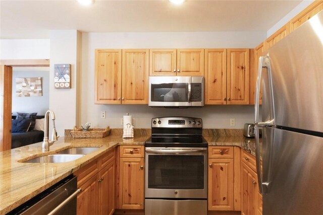 kitchen with light brown cabinetry, light stone counters, sink, and stainless steel appliances