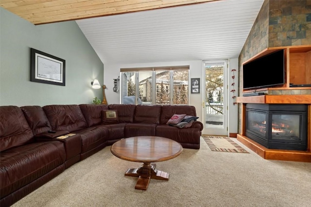 carpeted living room featuring lofted ceiling and wooden ceiling