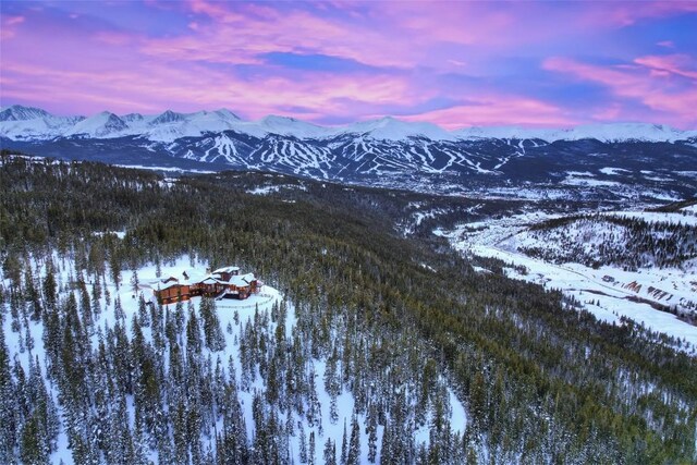 snowy aerial view featuring a mountain view