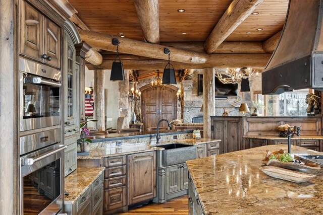 unfurnished dining area with wood ceiling, a notable chandelier, beam ceiling, and wood-type flooring