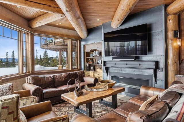 interior space featuring beamed ceiling, sink, log walls, wood ceiling, and light stone countertops