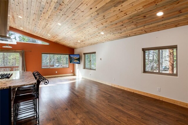 unfurnished dining area with lofted ceiling, dark hardwood / wood-style floors, and wooden ceiling