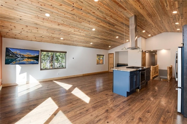 kitchen with light stone countertops, stainless steel appliances, dark hardwood / wood-style flooring, island exhaust hood, and wood ceiling