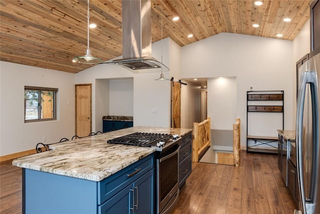 kitchen featuring island exhaust hood, appliances with stainless steel finishes, wood ceiling, blue cabinets, and a barn door