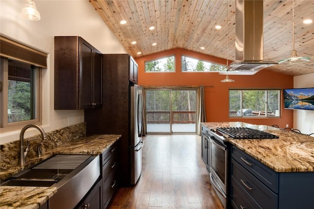 kitchen with island exhaust hood, light stone counters, wood ceiling, stainless steel appliances, and decorative light fixtures