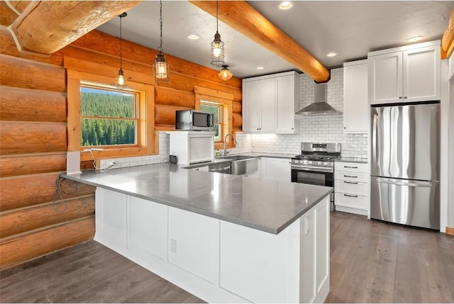 kitchen with kitchen peninsula, pendant lighting, stainless steel appliances, and white cabinets