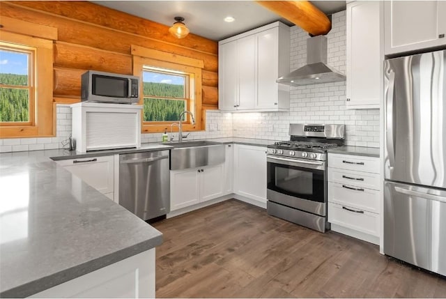 kitchen featuring white cabinets, sink, wall chimney exhaust hood, dark hardwood / wood-style flooring, and stainless steel appliances