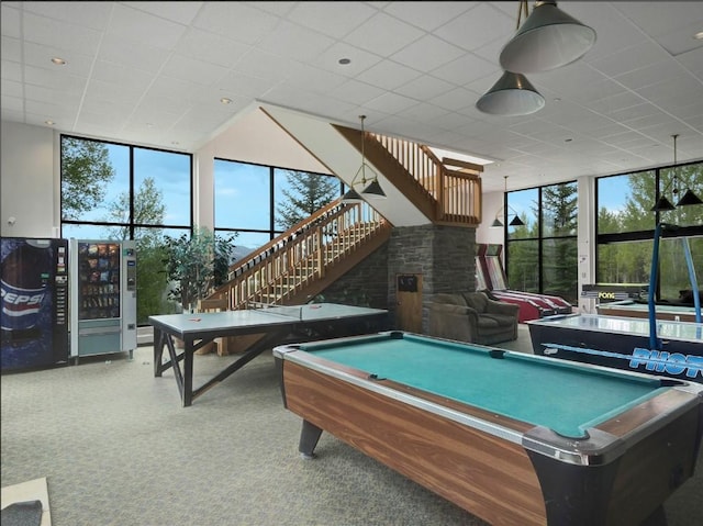 playroom featuring a paneled ceiling, plenty of natural light, light carpet, and billiards