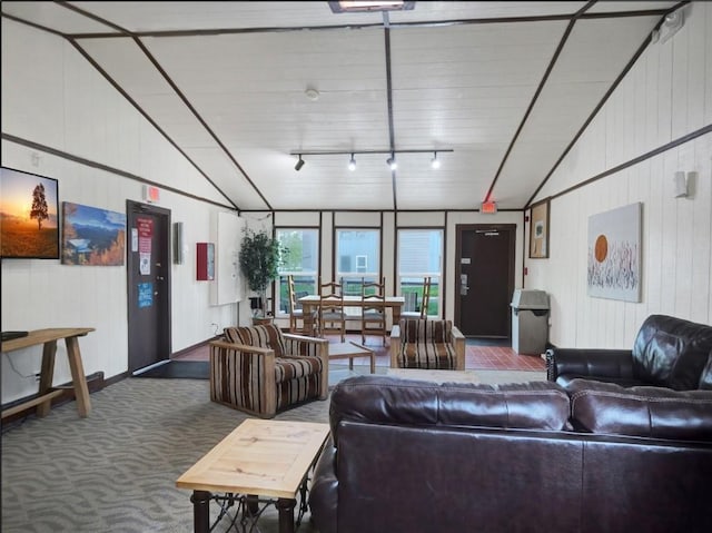 carpeted living room featuring wood walls, rail lighting, and lofted ceiling