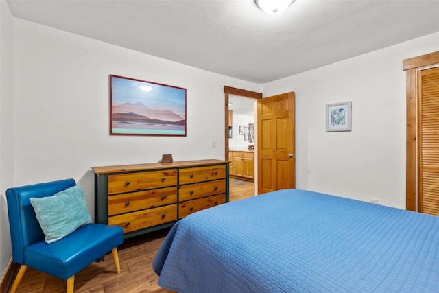 bedroom with wood-type flooring and ensuite bath