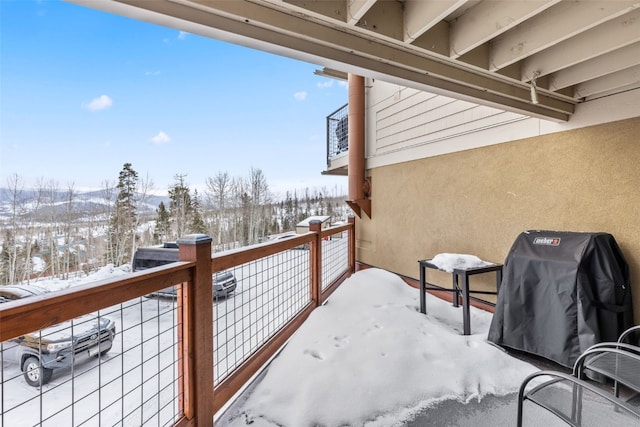 snow covered back of property featuring area for grilling