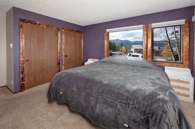 bedroom featuring multiple closets, carpet floors, multiple windows, a mountain view, and a textured ceiling