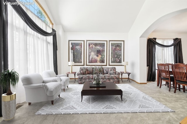 living room featuring a wealth of natural light and light carpet