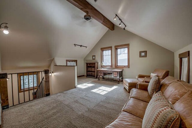 living room with rail lighting, lofted ceiling with beams, and light carpet