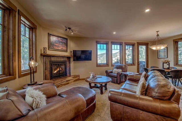 carpeted living room with a healthy amount of sunlight, a fireplace, and track lighting