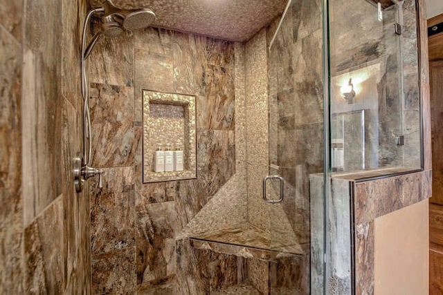 bathroom featuring a shower with shower door