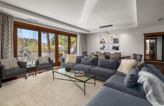 living room with french doors and a tray ceiling