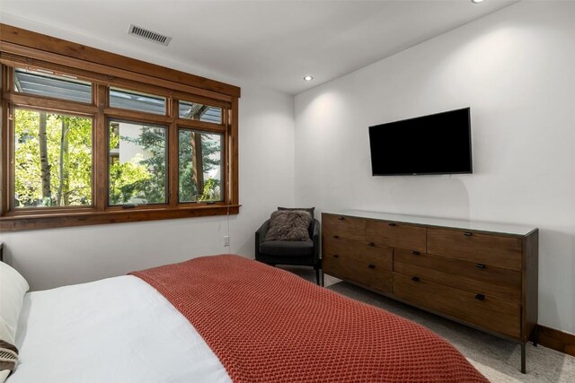 bedroom with light colored carpet