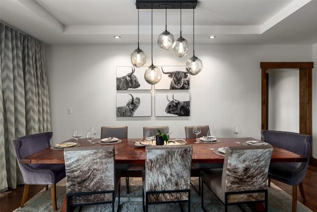 dining room featuring dark hardwood / wood-style flooring and a raised ceiling