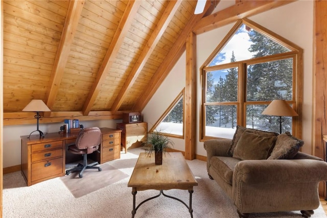 office with light carpet, lofted ceiling with beams, and wood ceiling