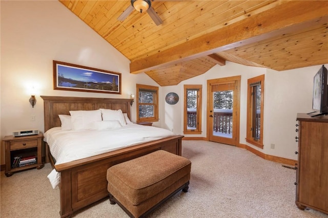 bedroom featuring ceiling fan, vaulted ceiling with beams, light colored carpet, access to outside, and wood ceiling