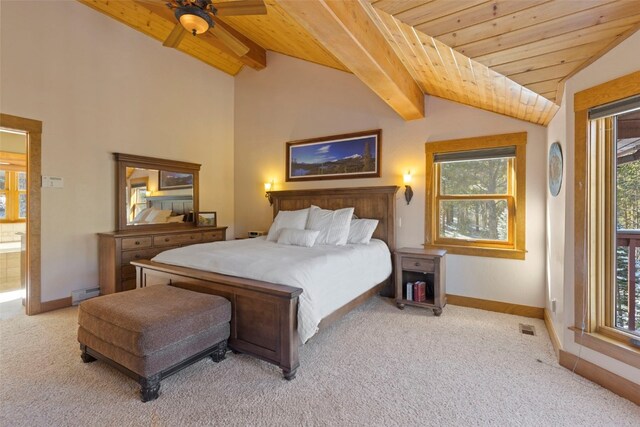 bedroom with light colored carpet, ceiling fan, a baseboard heating unit, lofted ceiling with beams, and wooden ceiling