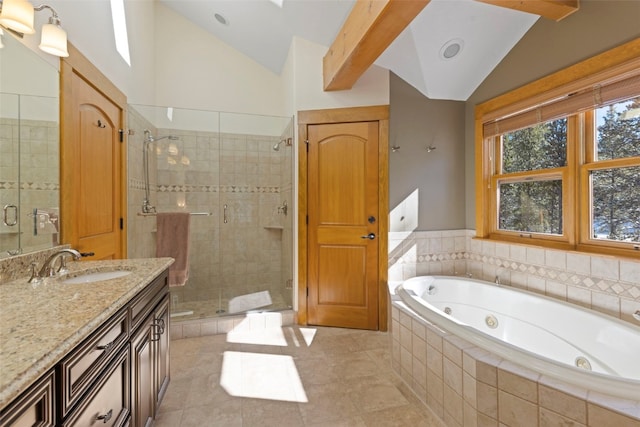 bathroom featuring vanity, shower with separate bathtub, vaulted ceiling with beams, and tile patterned floors