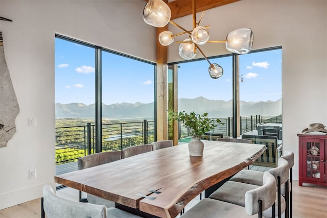 dining space featuring a mountain view, light hardwood / wood-style flooring, and beamed ceiling