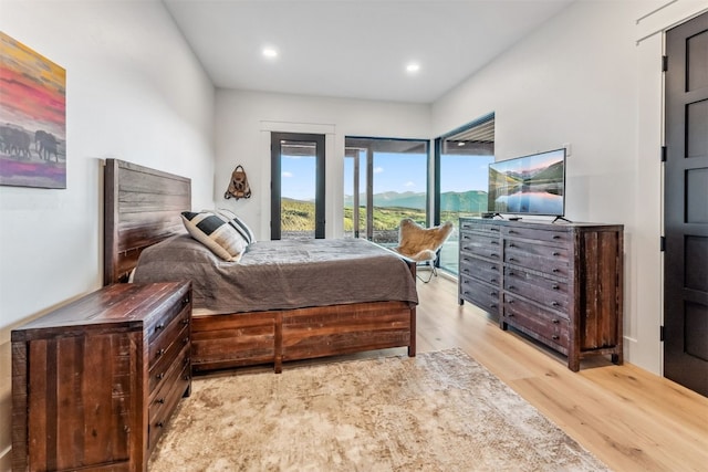 bedroom featuring access to exterior and light hardwood / wood-style flooring