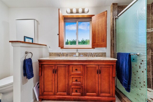 bathroom featuring vanity, an enclosed shower, and toilet