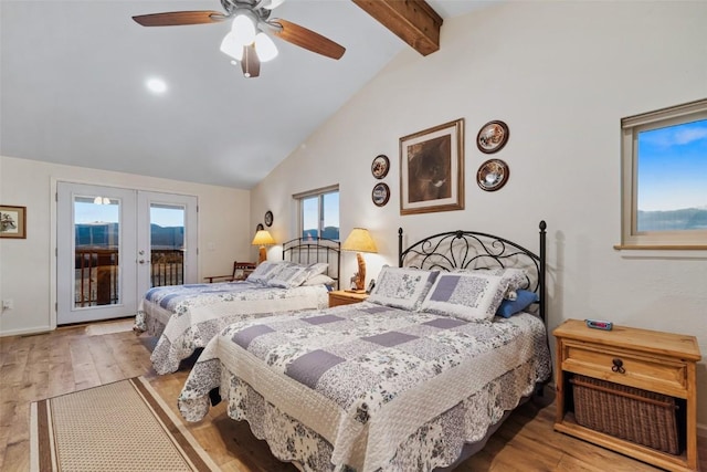 bedroom with ceiling fan, light wood-type flooring, access to outside, and french doors