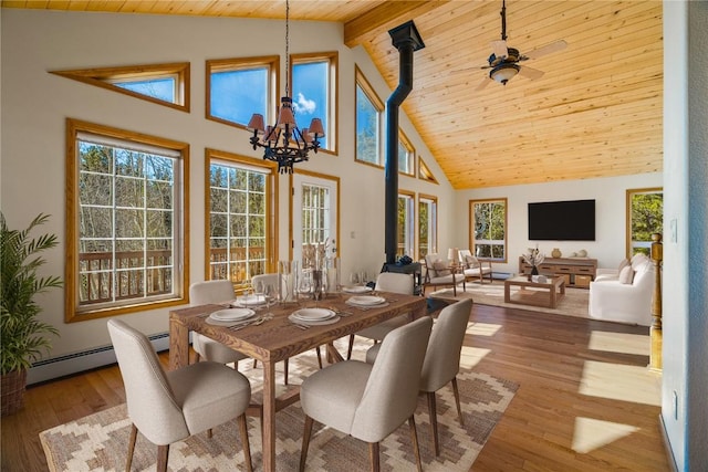 dining space with beamed ceiling, high vaulted ceiling, light wood-type flooring, and wood ceiling