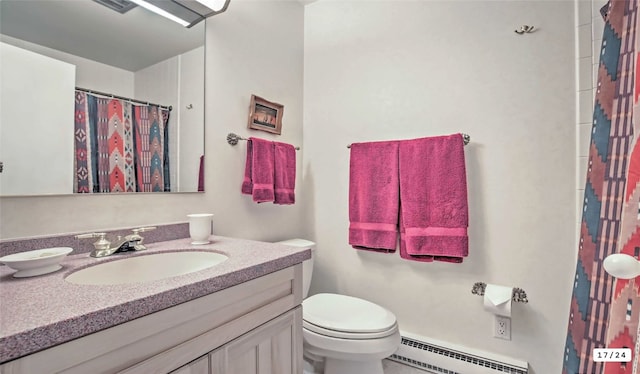 bathroom with a shower with shower curtain, vanity, toilet, and a baseboard heating unit