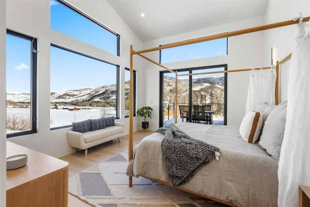 bedroom featuring a mountain view, light wood-type flooring, and multiple windows