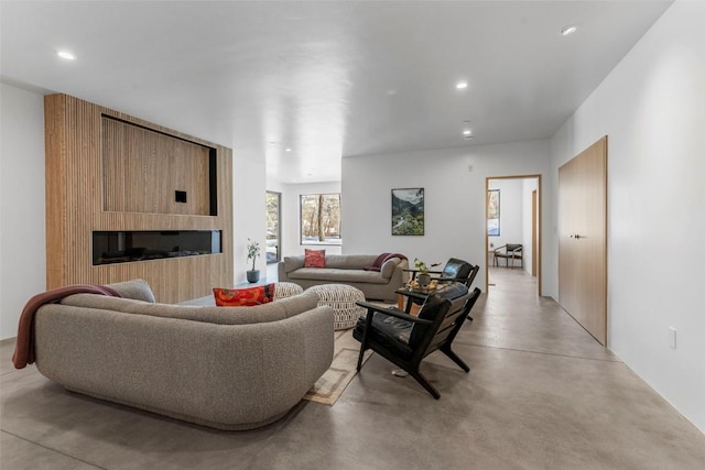 living room with a large fireplace