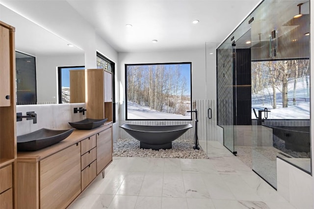 bathroom with vanity and independent shower and bath