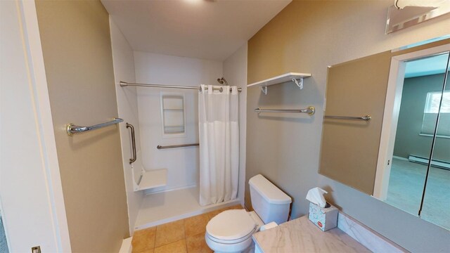 bathroom with a shower with curtain, a baseboard radiator, toilet, and tile patterned floors