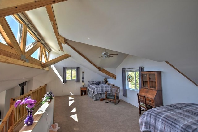 carpeted bedroom with lofted ceiling with beams, ceiling fan, and multiple windows