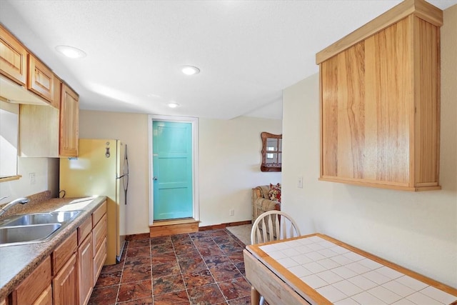 kitchen with light brown cabinetry, sink, and white refrigerator