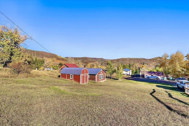 view of yard featuring a mountain view and an outbuilding