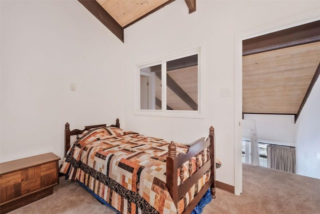 bedroom featuring wood ceiling, high vaulted ceiling, carpet floors, and beamed ceiling