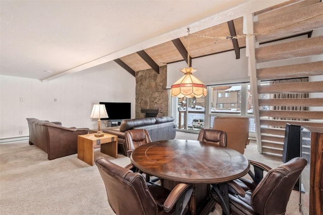 carpeted dining room featuring wood ceiling, a baseboard heating unit, and vaulted ceiling with beams