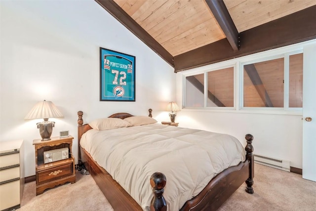 carpeted bedroom featuring a baseboard radiator, lofted ceiling with beams, and wooden ceiling