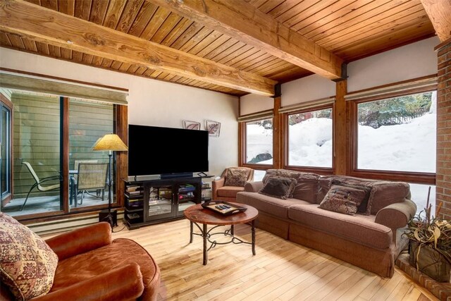 living area with wooden ceiling, wood-type flooring, and beam ceiling