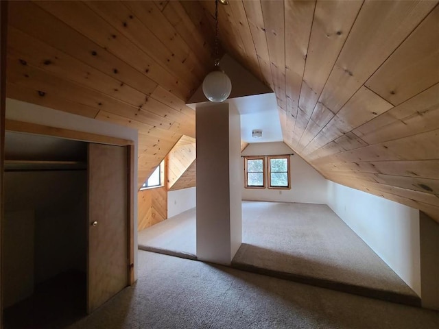 bonus room with wood ceiling, lofted ceiling, and light carpet