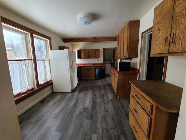 kitchen featuring black dishwasher, white fridge with ice dispenser, sink, and dark hardwood / wood-style flooring