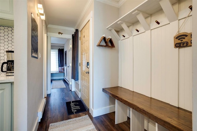 mudroom featuring dark wood-type flooring and ornamental molding