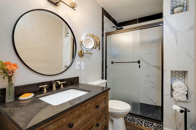 bathroom with vanity, toilet, and a shower with shower door