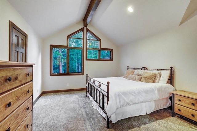 bedroom featuring carpet flooring and lofted ceiling with beams