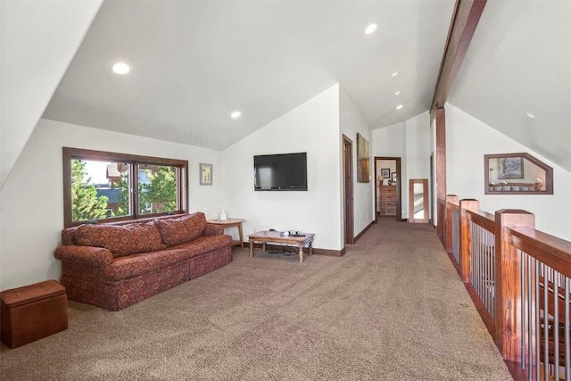 living room with baseboards, carpet flooring, high vaulted ceiling, beam ceiling, and recessed lighting